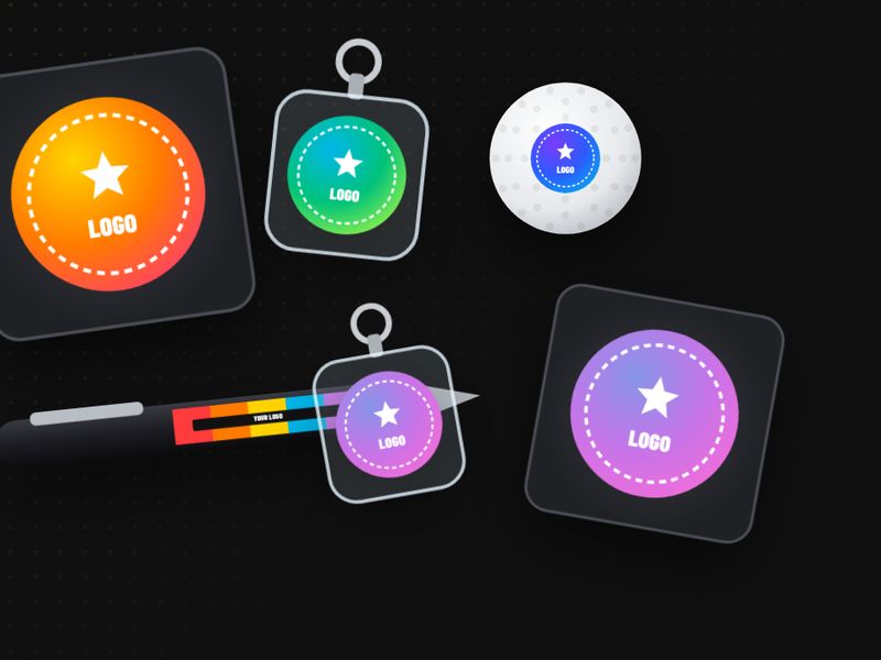 Sample design: Logo keychains, coasters, a golf ball and a pen