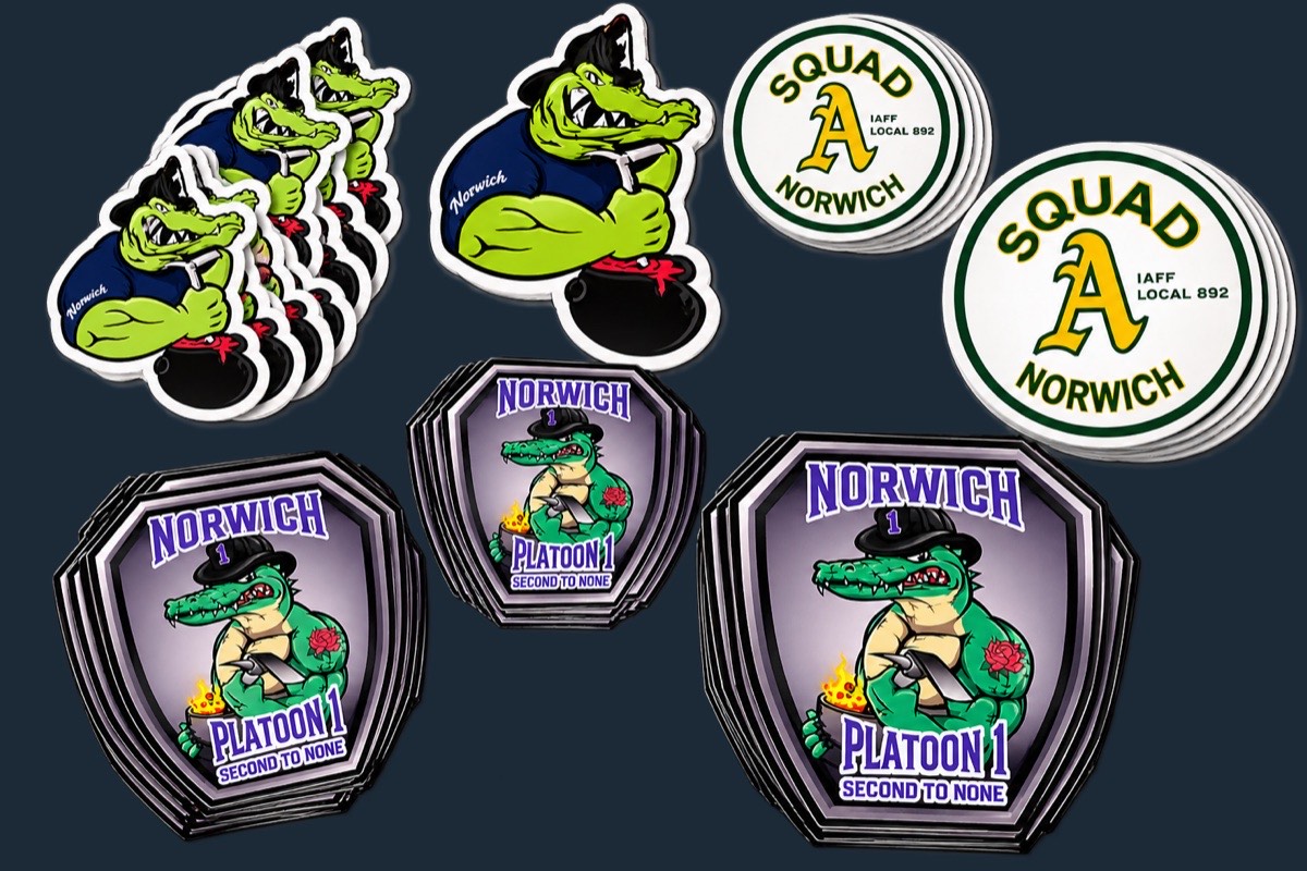 Custom die cut stickers for Norwich, Connecticut firefighters: Platoon 1 shields, Squad A circles and gator mascot stickers