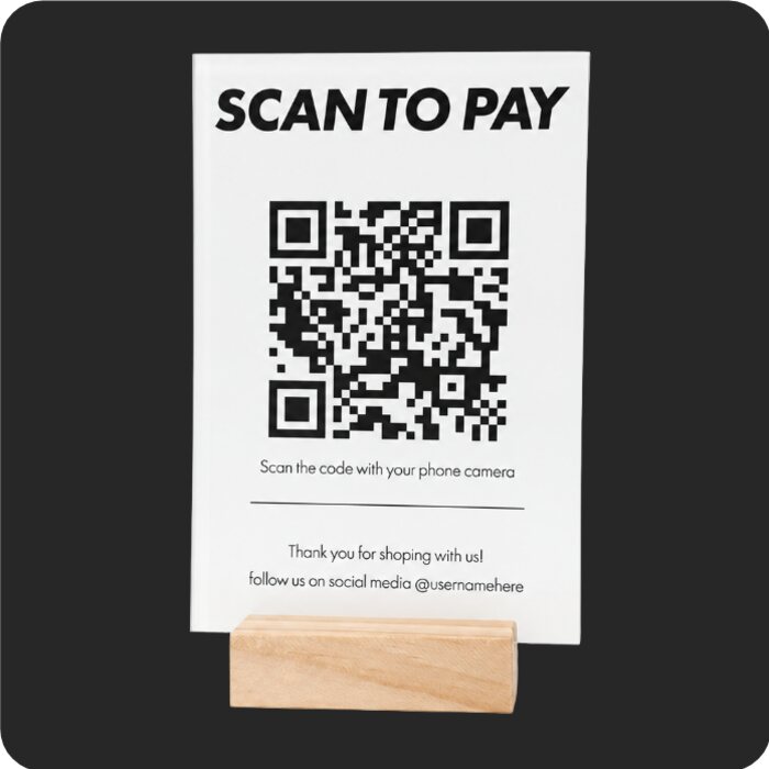 UV printed scan-to-pay QR code sign on a wooden stand