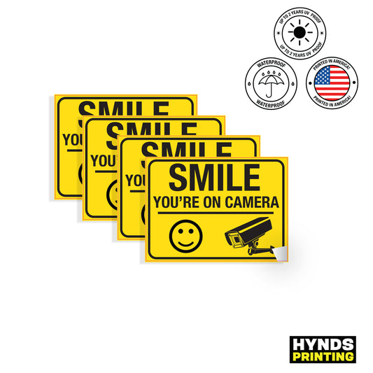 Smile you're on camera Self-adhesive vinyl decal with laminate for fade resistance, ideal for security camera signage for homes, businesses, or CCTV systems